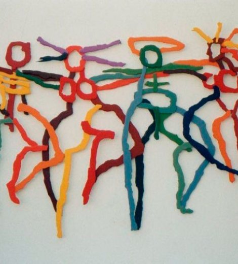 “Juntos nuevamente”, relieve de madera pintado con  acrílico, 115 x 80 x 5 cm,1999