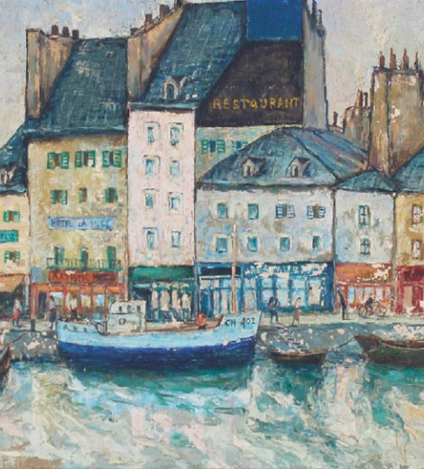 View of Shops along a French Quayside