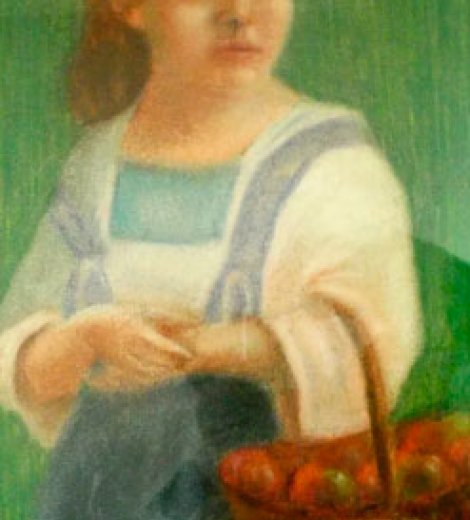 Niña con canasto de manzanas