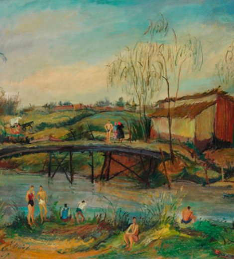 Río, puente y bañistas en Cañada de la Cruz