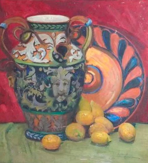 Naturaleza muerta, jarrón, plato y limones
